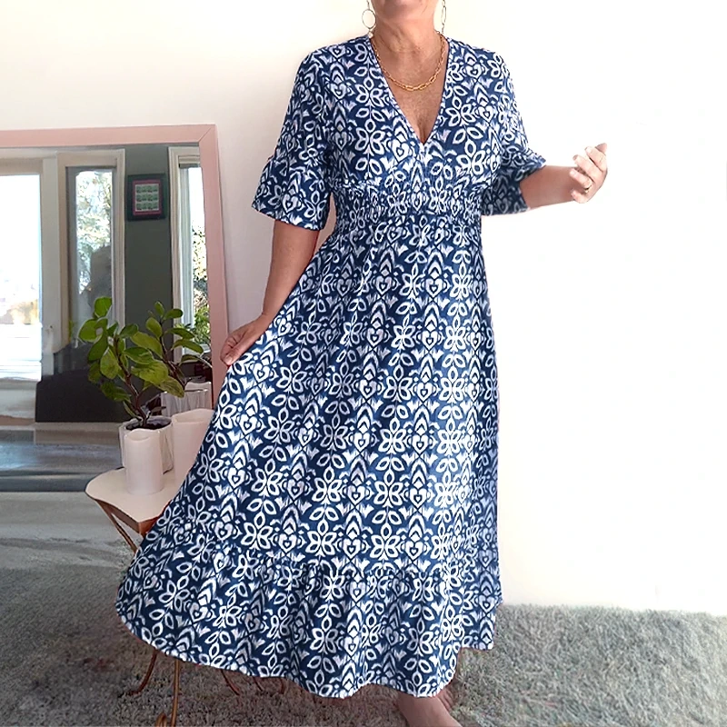 Tamara Bohemio Casual Estampado Cuello en V Cintura Envuelta Vestido Largo