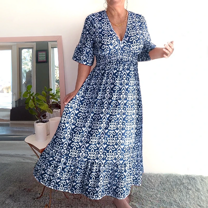 Tamara Bohemio Casual Estampado Cuello en V Cintura Envuelta Vestido Largo