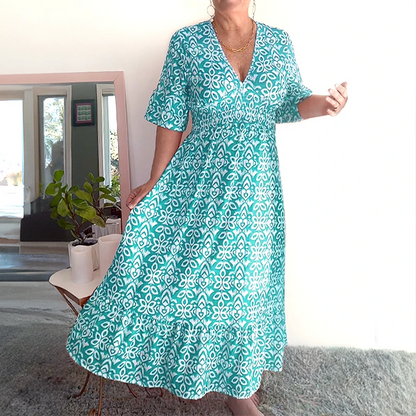 Tamara Bohemio Casual Estampado Cuello en V Cintura Envuelta Vestido Largo