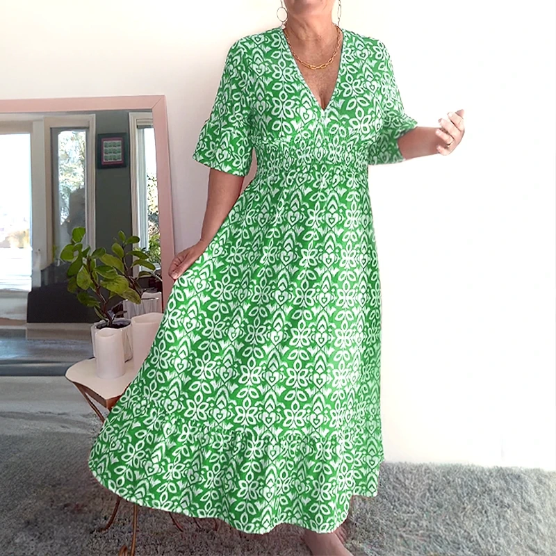 Tamara Bohemio Casual Estampado Cuello en V Cintura Envuelta Vestido Largo