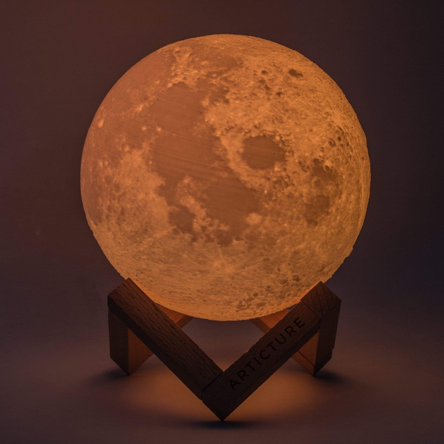 Lámpara de luna con base de madera luz de mesa 3D