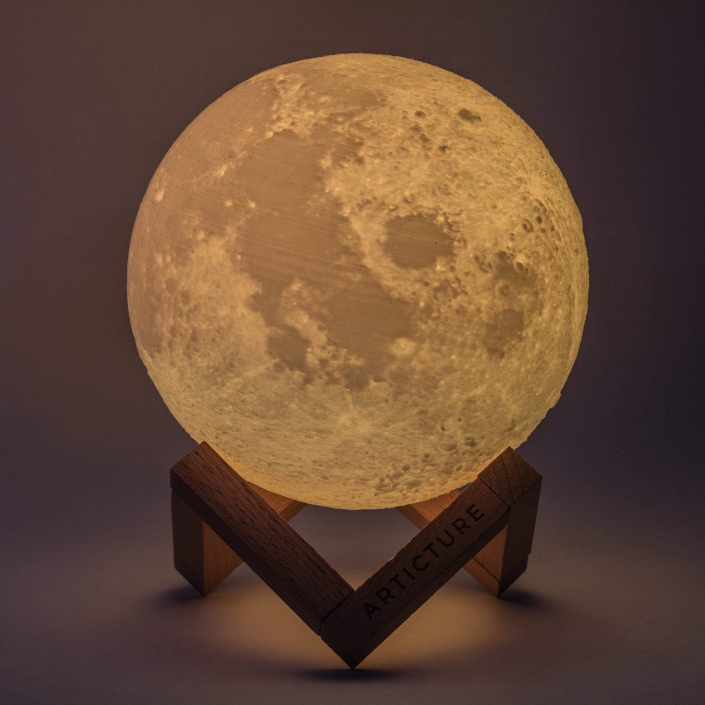 Lámpara de luna con base de madera luz de mesa 3D