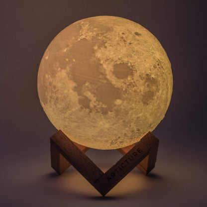 Lámpara de luna con base de madera luz de mesa 3D