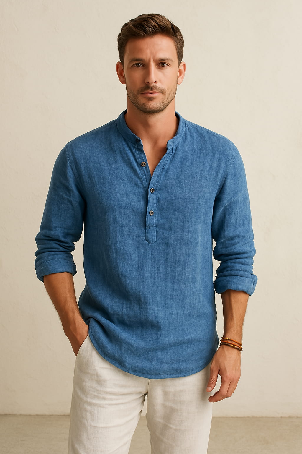 Camisa de lino azul marino para hombre - transpirable, ligera, ropa casual para la playa