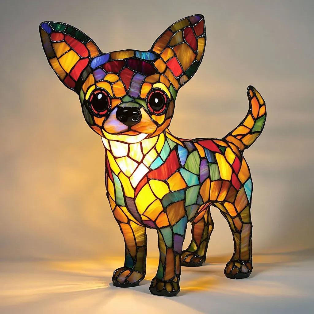 Handmade Stained Glass Dog Lamp – Warm Glow Light for Dog Lovers