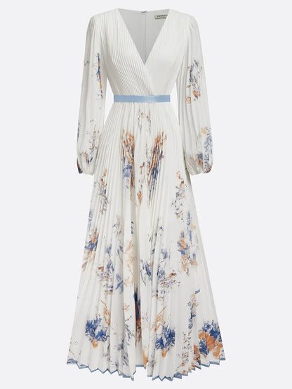 Halston - Vestido Maxi Elegante con Escote en V y Mangas Abullonadas