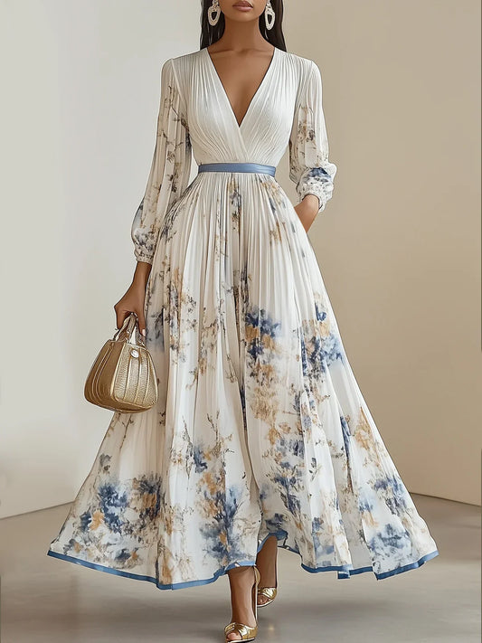 Halston - Vestido Maxi Elegante con Escote en V y Mangas Abullonadas