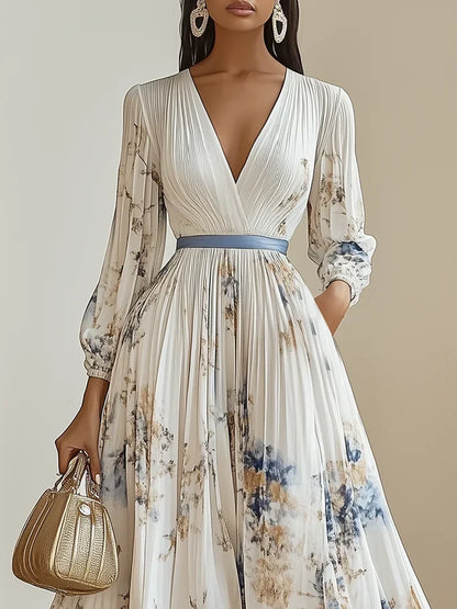 Halston - Vestido Maxi Elegante con Escote en V y Mangas Abullonadas