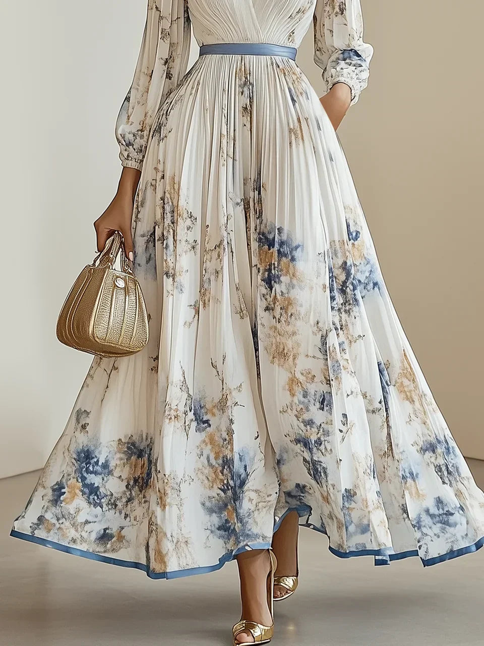 Halston - Vestido Maxi Elegante con Escote en V y Mangas Abullonadas