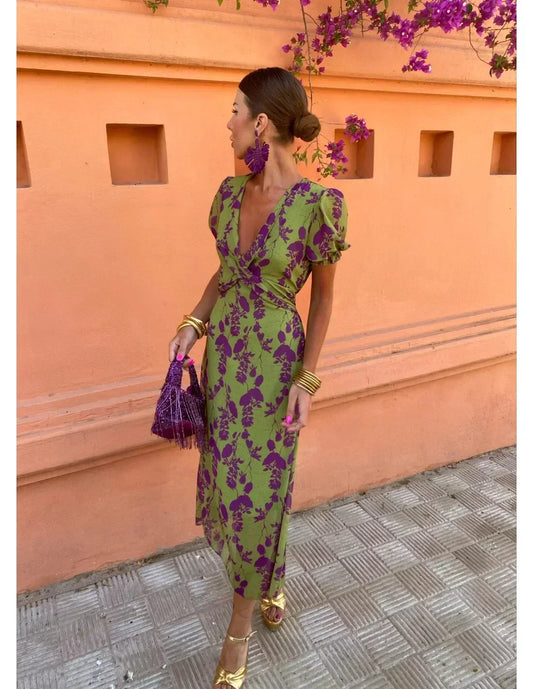 Lucinda - Vestido plisado floral bohemio con escote en V