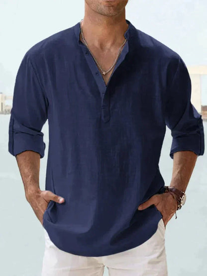 Camisa de lino azul marino para hombre - transpirable, ligera, ropa casual para la playa