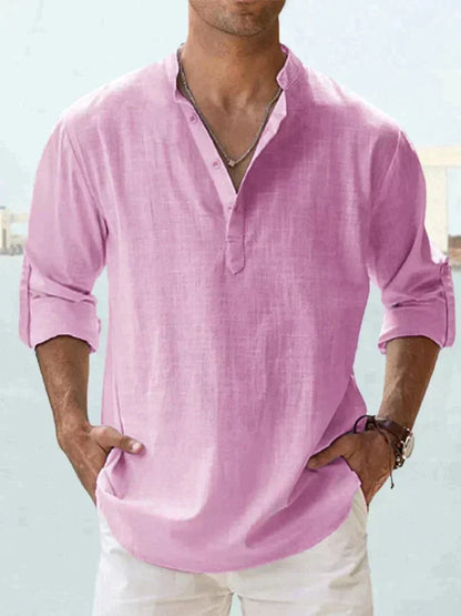 Camisa de lino azul marino para hombre - transpirable, ligera, ropa casual para la playa