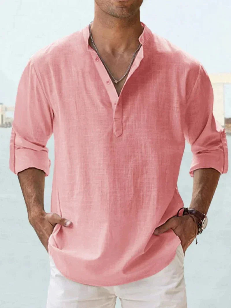 Camisa de lino azul marino para hombre - transpirable, ligera, ropa casual para la playa
