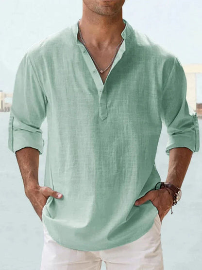 Camisa de lino azul marino para hombre - transpirable, ligera, ropa casual para la playa