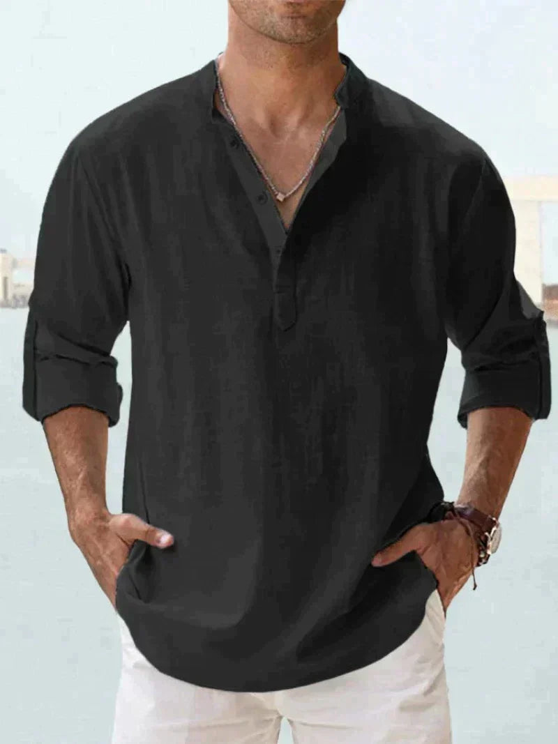 Camisa de lino azul marino para hombre - transpirable, ligera, ropa casual para la playa