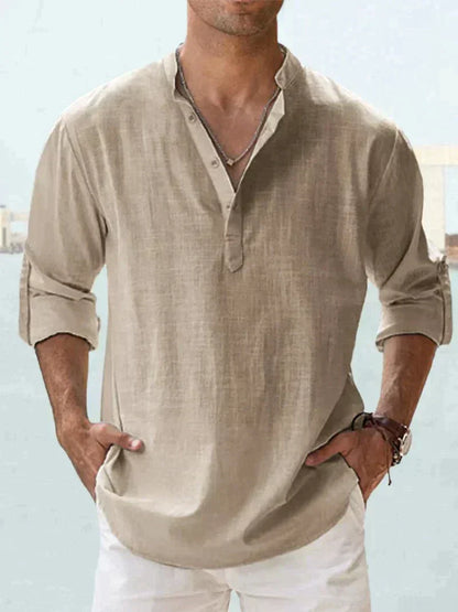 Camisa de lino azul marino para hombre - transpirable, ligera, ropa casual para la playa