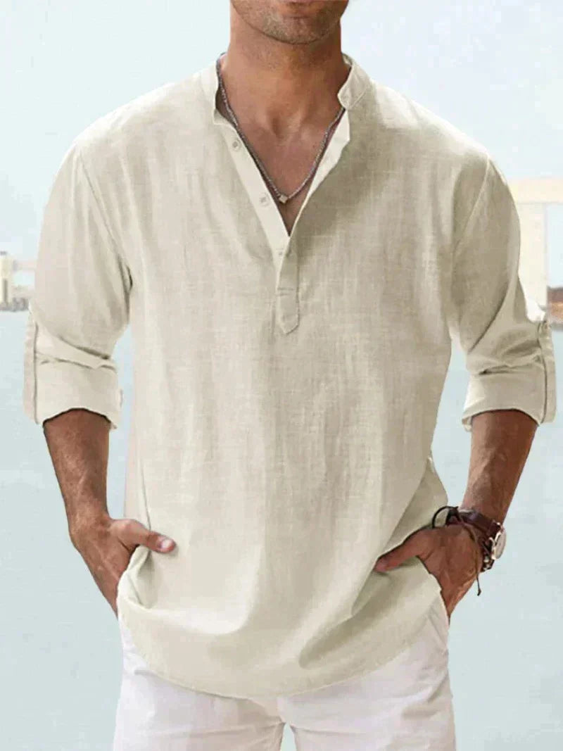 Camisa de lino azul marino para hombre - transpirable, ligera, ropa casual para la playa