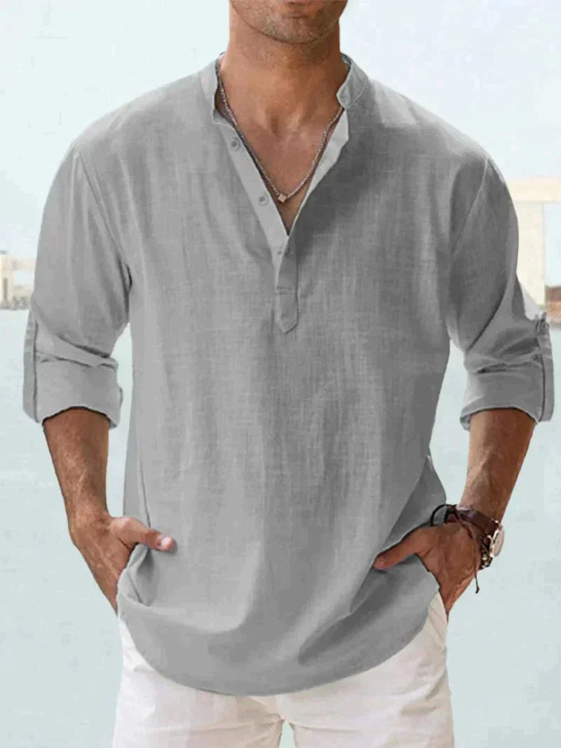 Camisa de lino azul marino para hombre - transpirable, ligera, ropa casual para la playa