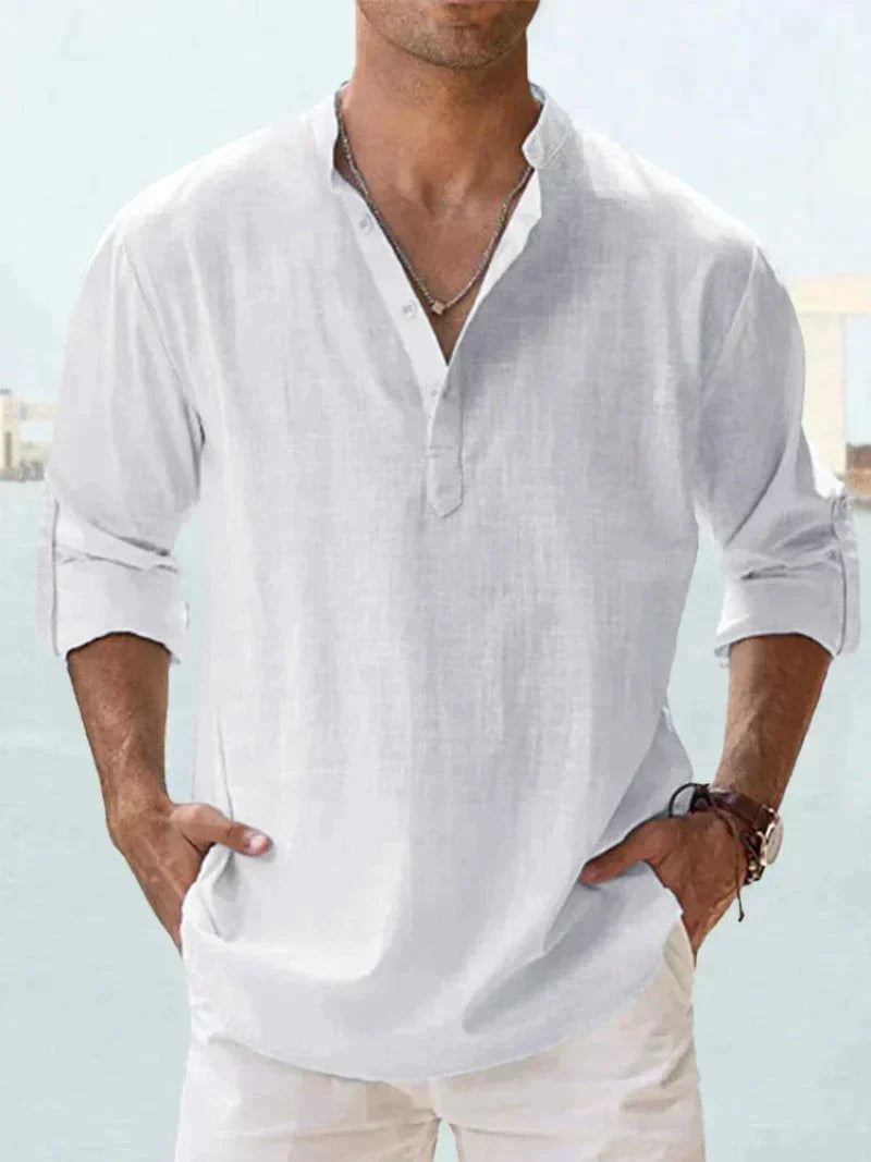 Camisa de lino azul marino para hombre - transpirable, ligera, ropa casual para la playa