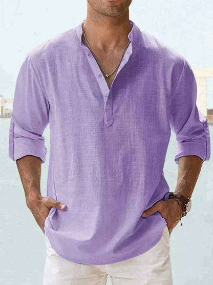 Camisa de lino azul marino para hombre - transpirable, ligera, ropa casual para la playa