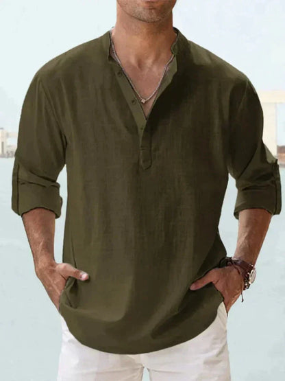 Camisa de lino azul marino para hombre - transpirable, ligera, ropa casual para la playa