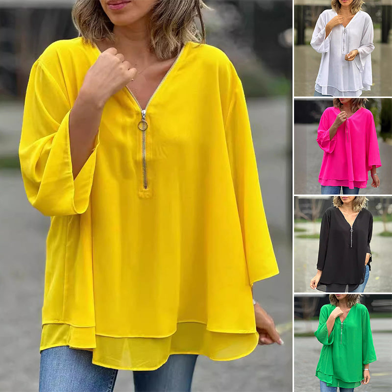 Janine | Blusa de manga con media cremallera fluida