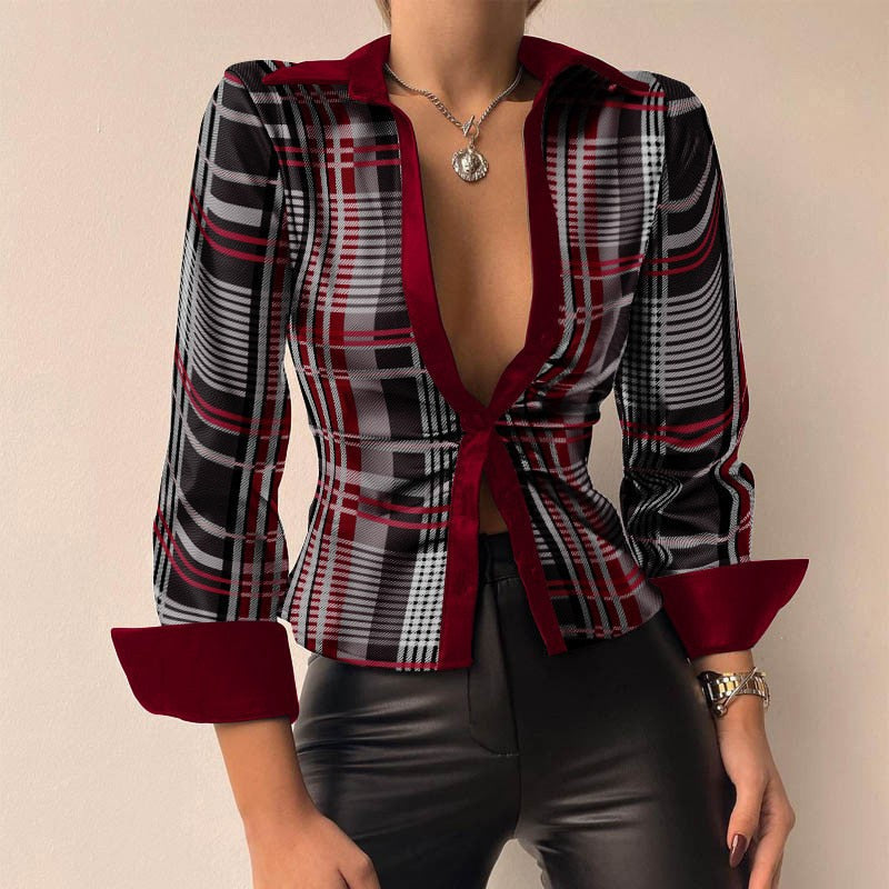Silvia | Blusa de manga larga de patchwork de cuero PU impresa con escote en V