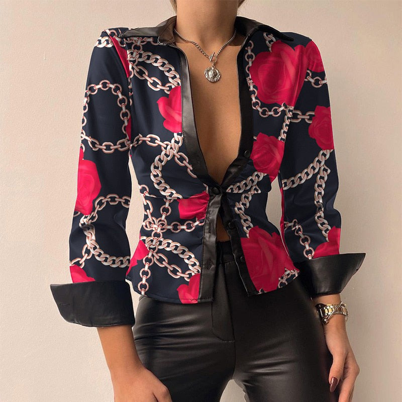 Silvia | Blusa de manga larga de patchwork de cuero PU impresa con escote en V