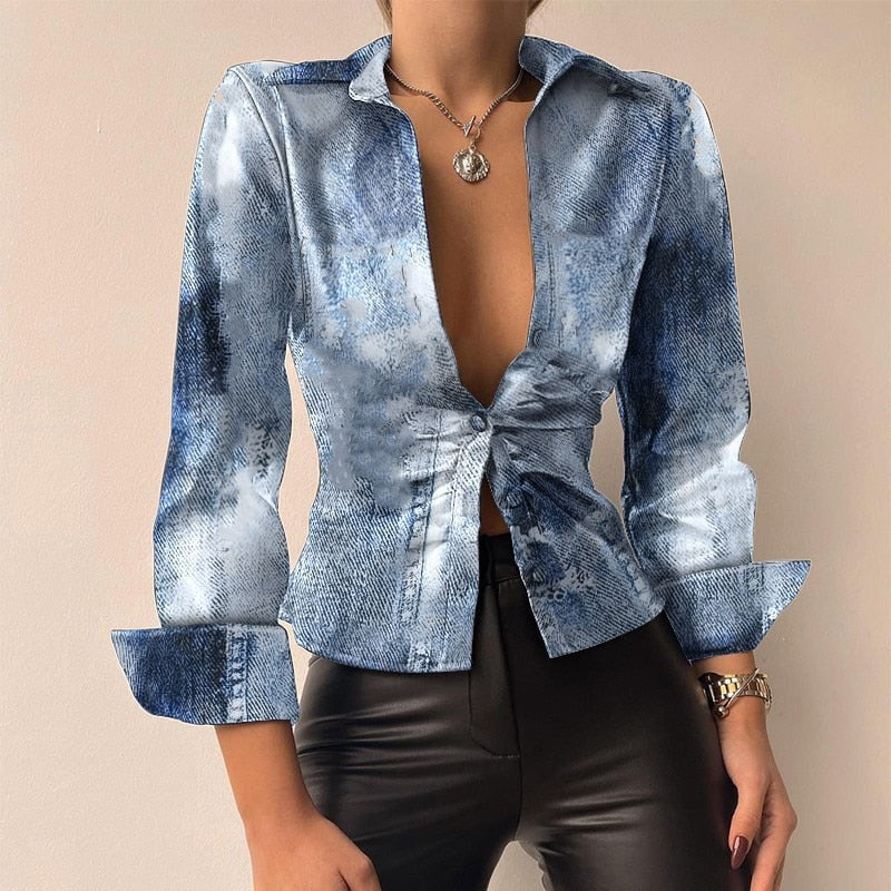 Silvia | Blusa de manga larga de patchwork de cuero PU impresa con escote en V