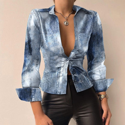 Silvia | Blusa de manga larga de patchwork de cuero PU impresa con escote en V