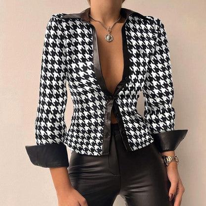 Silvia | Blusa de manga larga de patchwork de cuero PU impresa con escote en V