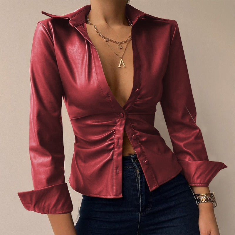 Silvia | Blusa de manga larga de patchwork de cuero PU impresa con escote en V