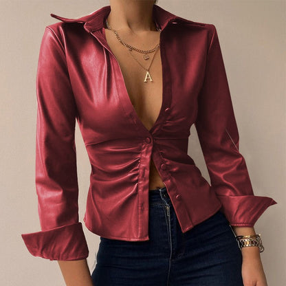 Silvia | Blusa de manga larga de patchwork de cuero PU impresa con escote en V