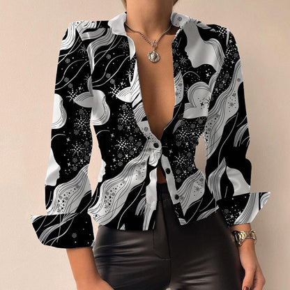 Silvia | Blusa de manga larga de patchwork de cuero PU impresa con escote en V
