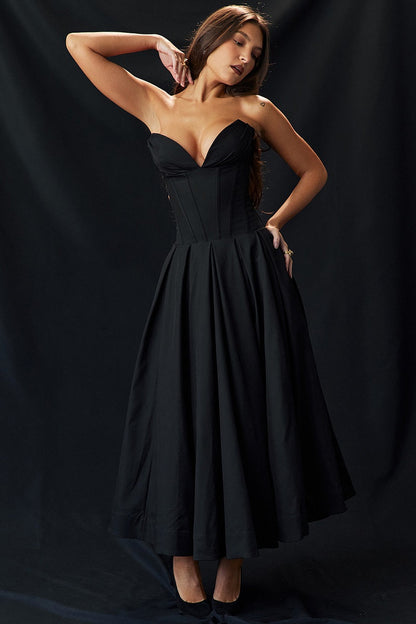 Vestido cóctel midi con escote corsé | Estilo de noche elegante y sensual