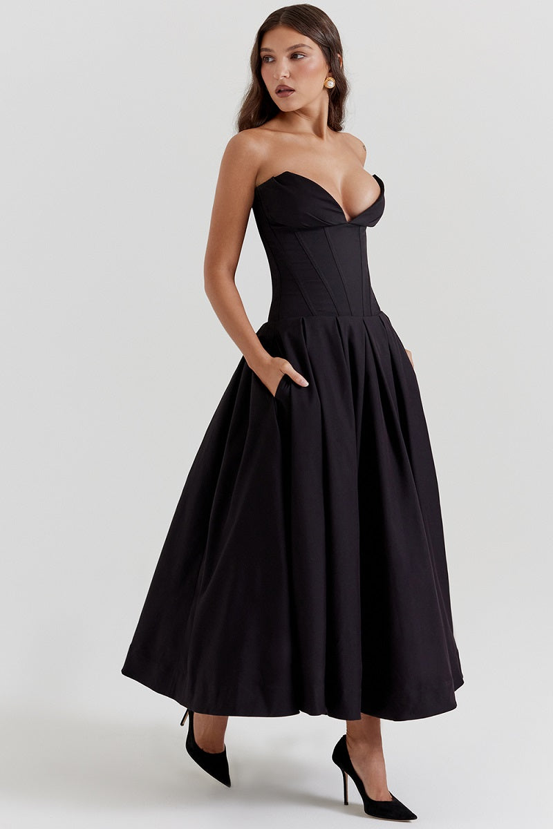 Vestido cóctel midi con escote corsé | Estilo de noche elegante y sensual