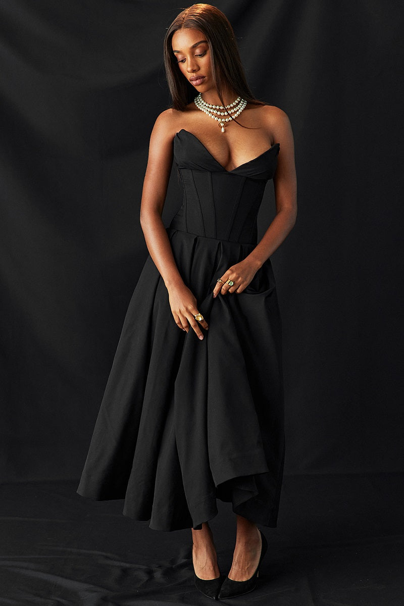Vestido cóctel midi con escote corsé | Estilo de noche elegante y sensual