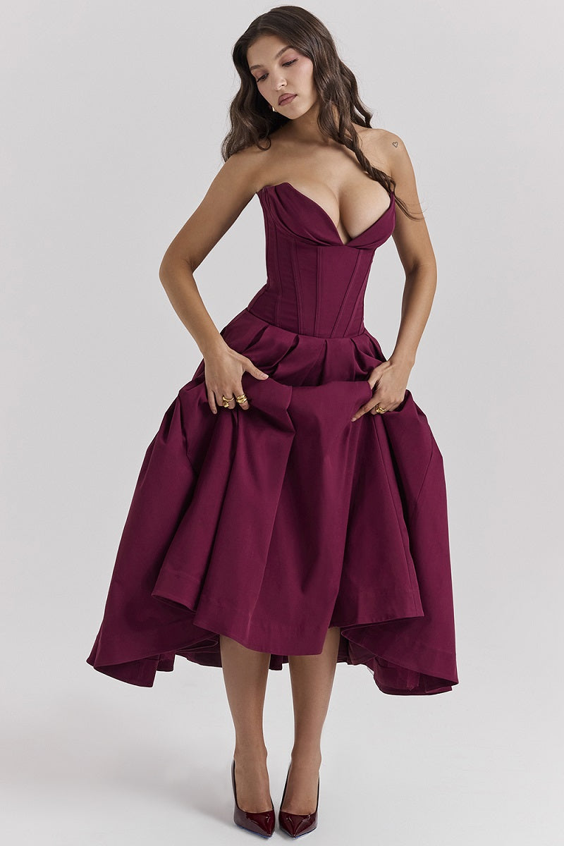 Vestido cóctel midi con escote corsé | Estilo de noche elegante y sensual