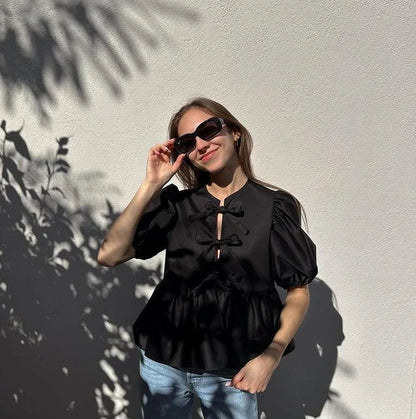 Blusa de moda con estampado de leopardo y mangas abullonadas