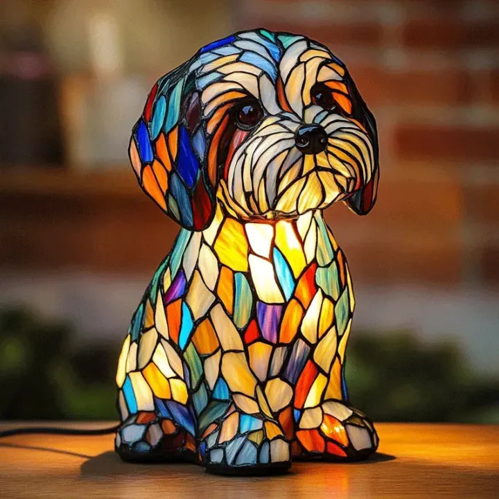 Handmade Stained Glass Dog Lamp – Warm Glow Light for Dog Lovers