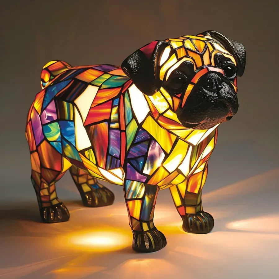 Handmade Stained Glass Dog Lamp – Warm Glow Light for Dog Lovers