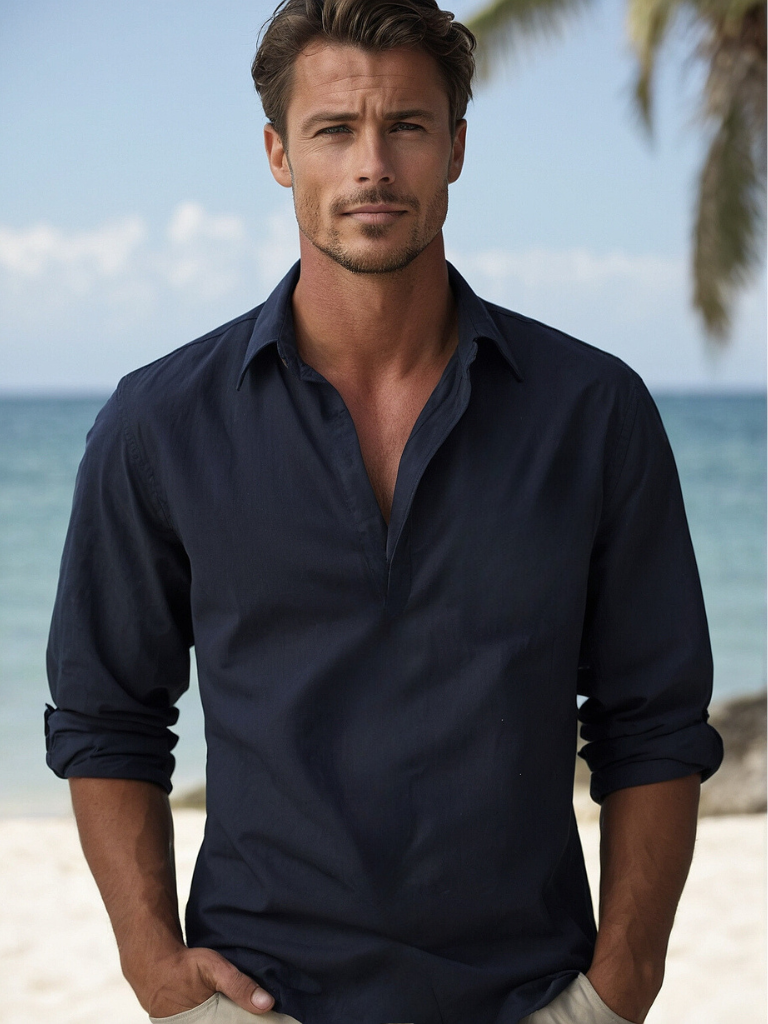 Camisa de lino azul marino para hombre - transpirable, ligera, ropa casual para la playa