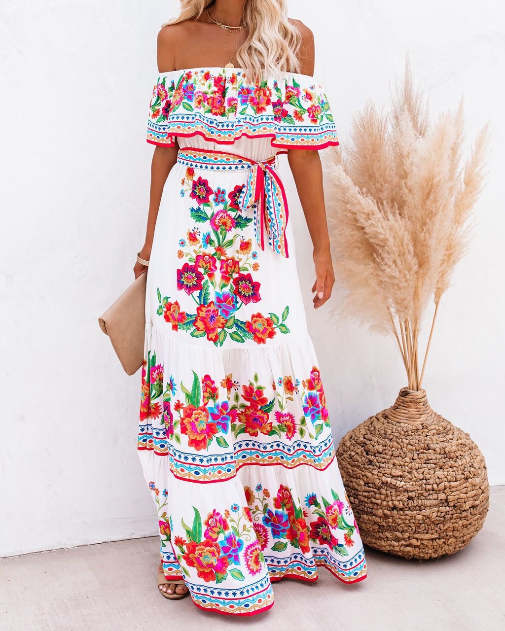 Oceana - Vestido largo con cintura ajustable y estampado de encaje