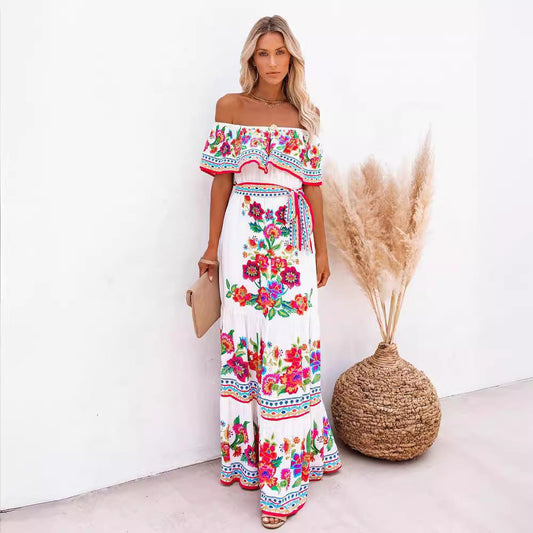 Oceana - Vestido largo con cintura ajustable y estampado de encaje
