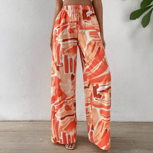 Pantalones de pierna ancha para mujer – Estampado abstracto – Cintura elástica – Ajuste ligero y fluido