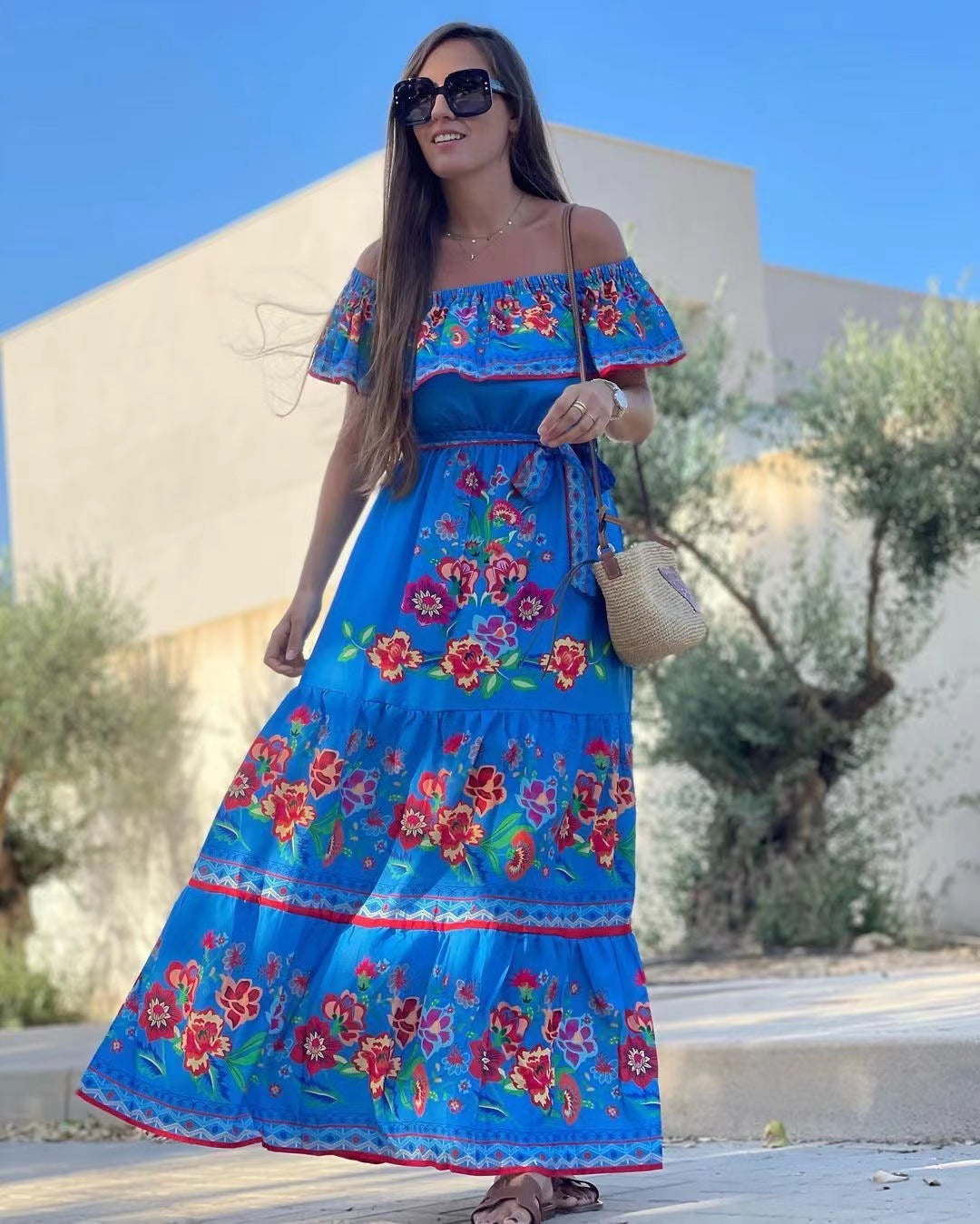 Oceana - Vestido largo con cintura ajustable y estampado de encaje