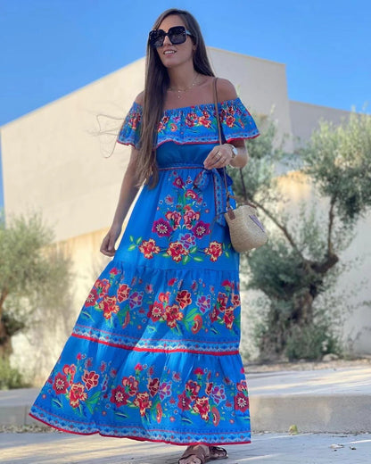 Oceana - Vestido largo con cintura ajustable y estampado de encaje