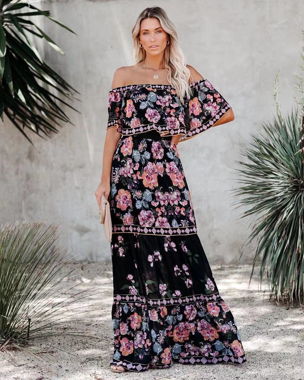 Oceana - Vestido largo con cintura ajustable y estampado de encaje
