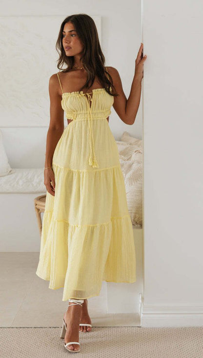 Vestido de gran vuelo con cuello en V, sin mangas, color sólido y costuras