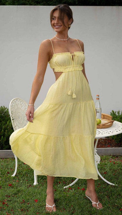 Vestido de gran vuelo con cuello en V, sin mangas, color sólido y costuras